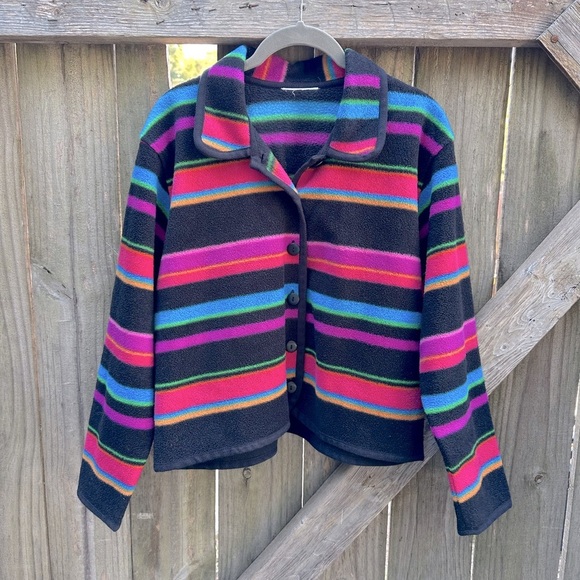 Talbots Horizontal Rainbow Striped Synchilla Knit Fluffy Button Front Jacket - Picture 1 of 6